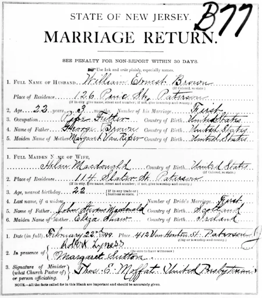 New Jersey Marriage Return for William Earnest Brown (son of George Brown and Margaret Van Riper of 126 Pine St) and Helen Macdonald (daughter of John Stevens Macdonald and Eliza Shaw Macdonald living at 114 Slater)