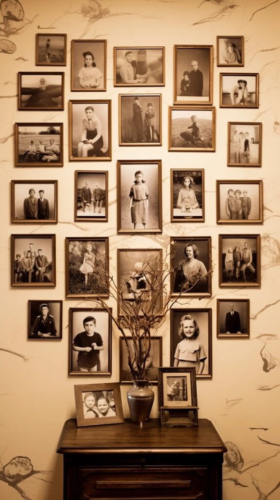Ai image of framed family photos arranged in a grid on the wall, presumably in someone's home