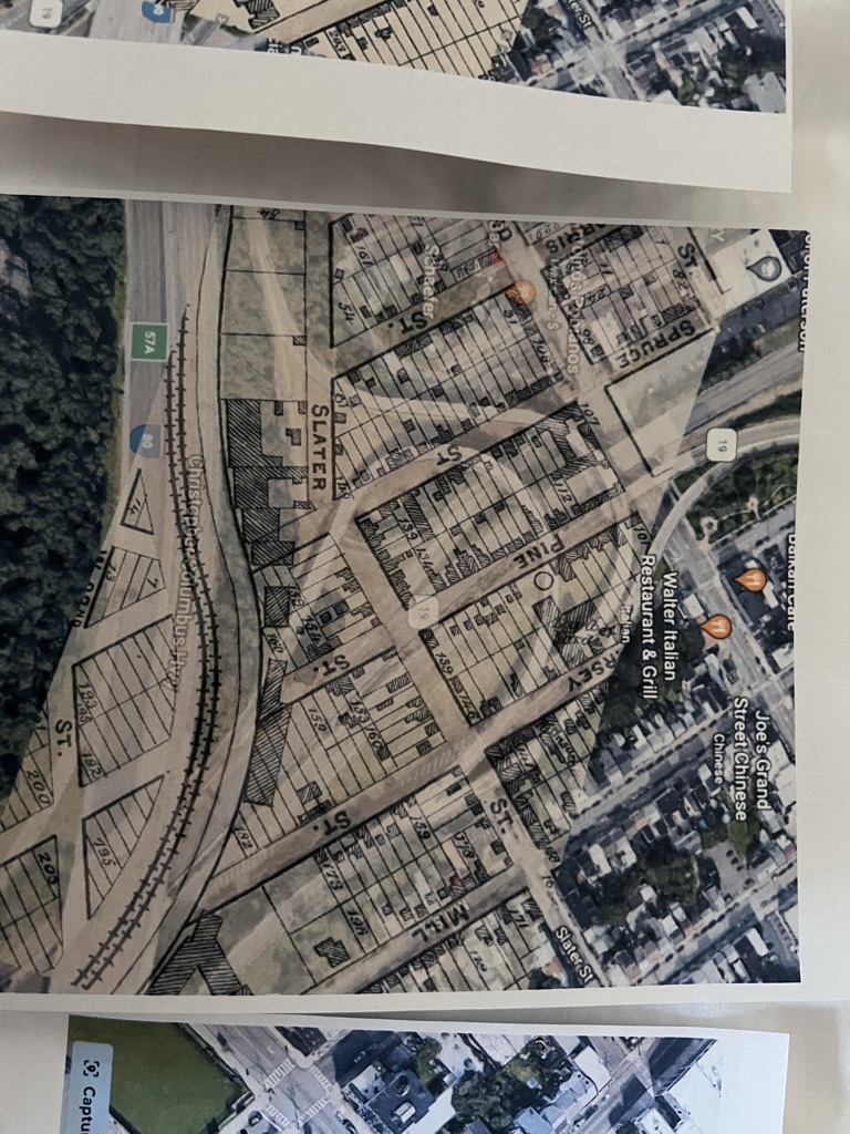 Transparent 1925 Insurance map laid over satellite image of the same patch of earth, roughly 100 years later.
