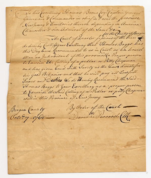 Scanned image of a handwritten legal document from the 1700's; Thomas Boggs' application for a peddler's permit, which uses the phrase "Pitty Chapman" as a synonym for "peddler"
